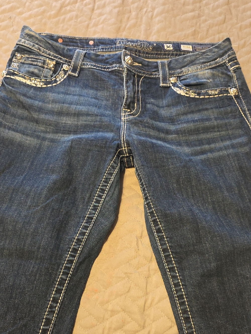 Miss Me Dark Blue Boot Cut Jeans with Contrast Stitching